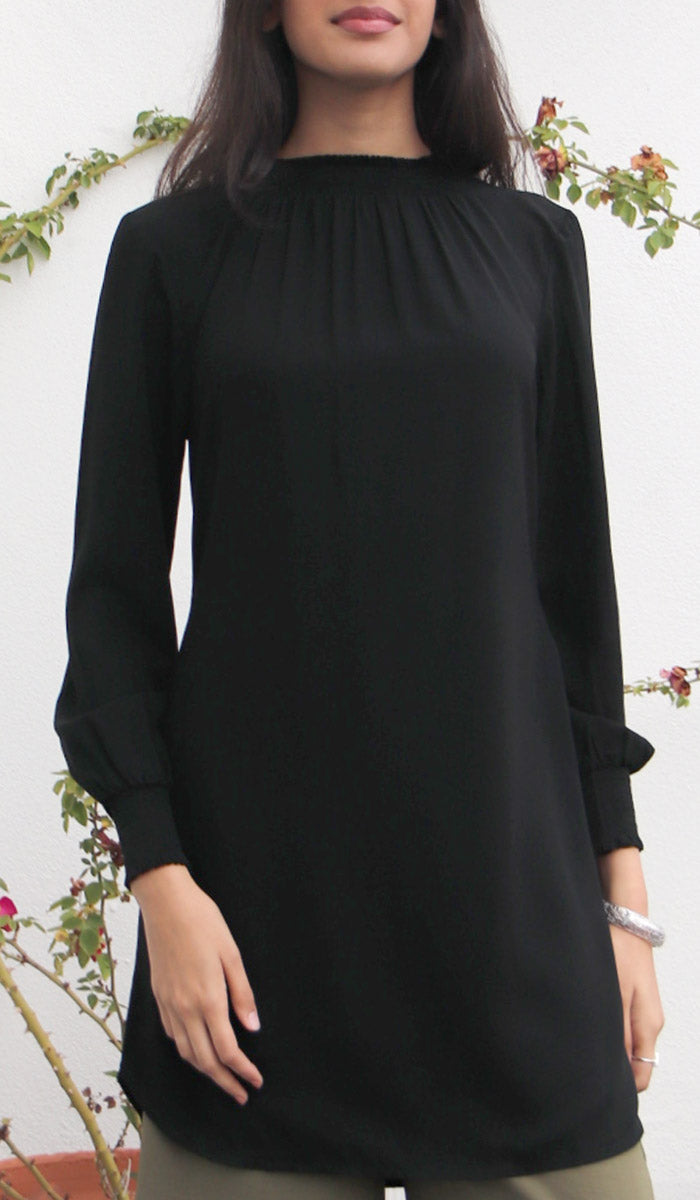  Mishal Essential Long Smocked Modest Tunic - Black 