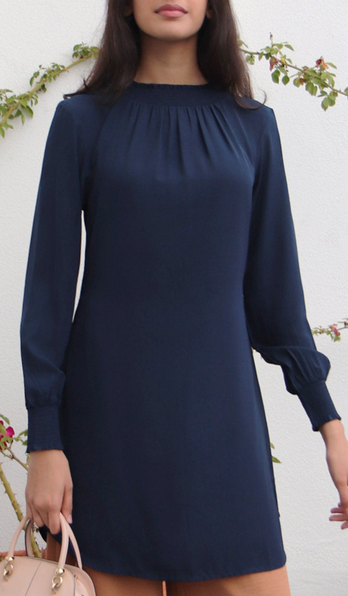  Mishal Essential Long Smocked Modest Tunic - Navy 