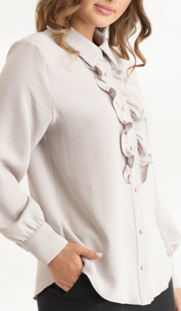  Mona Ruffle Front Button-down Shirt - Pearl Gray - Final Sale 