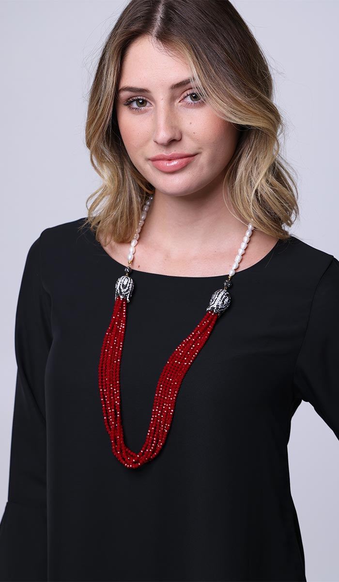  Multistrand Turkish Tulip Artisan Necklace - Ruby and Pearls 