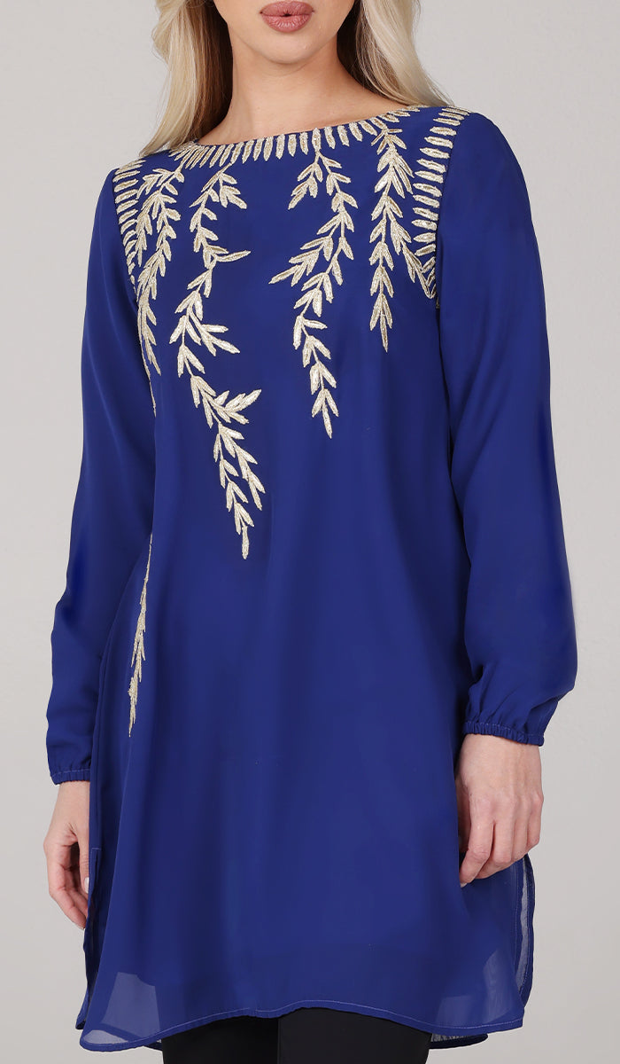  Nawal Gold Embroidered Long Modest Tunic - Royal Blue 