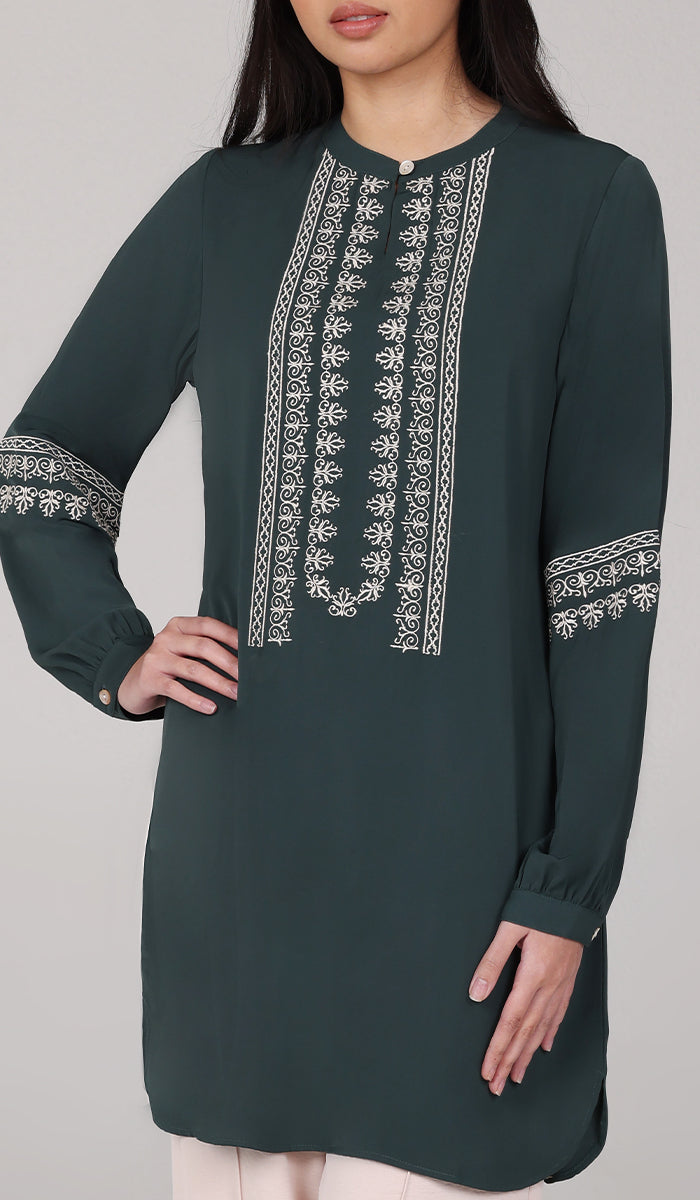  Razia Embroidered Long Modest Tunic - Forest 