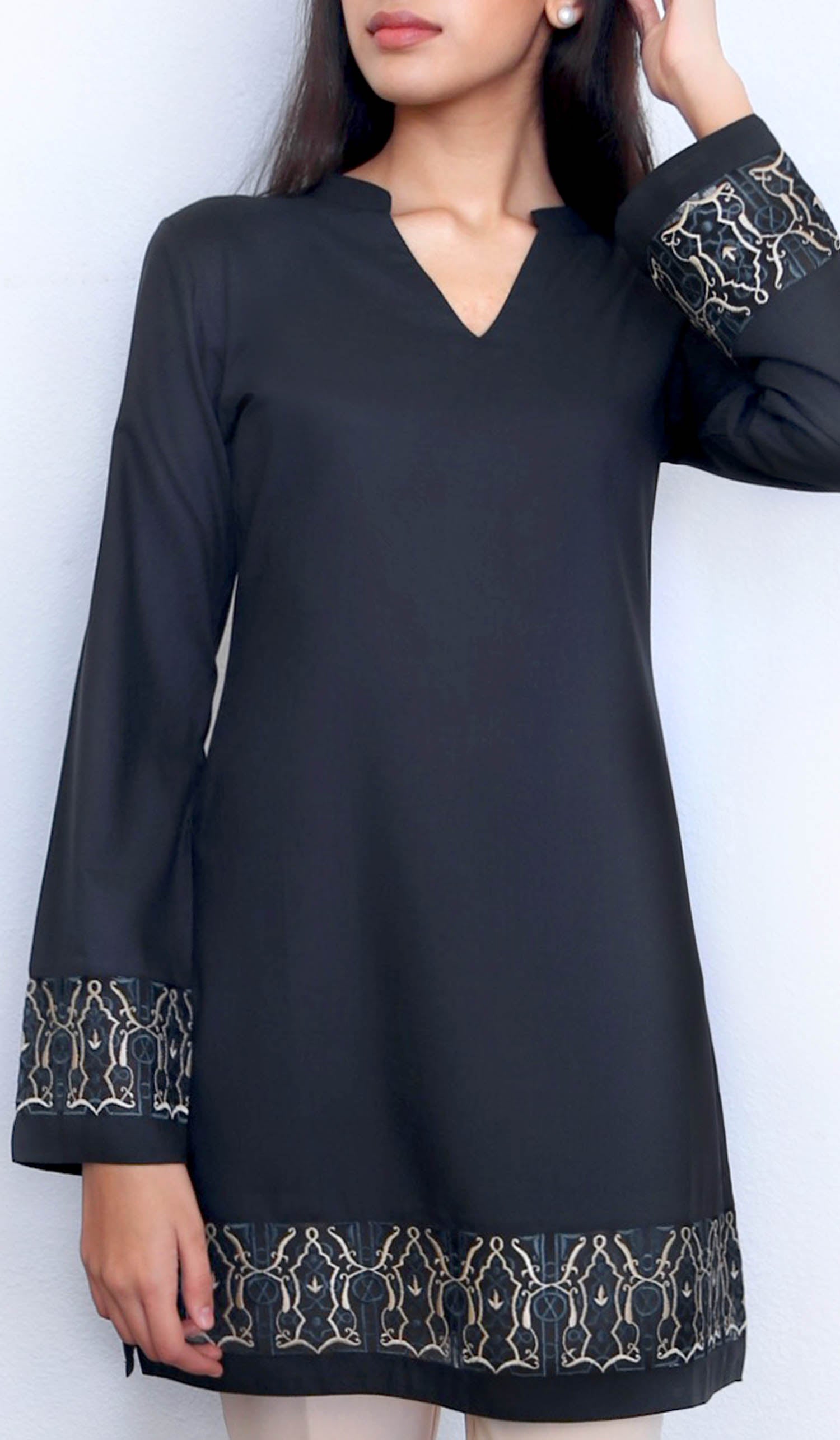  Selma Embroidered Mostly Cotton Modest Tunic - Black 