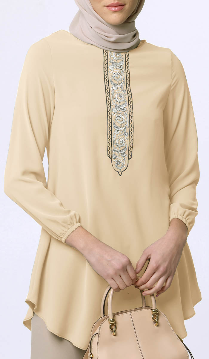  Suroor Embroidered Long Modest Tunic - Custard 