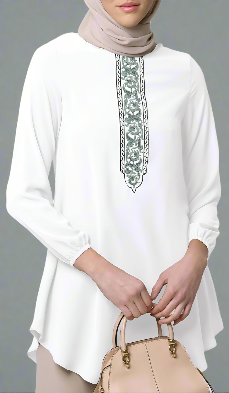  Suroor Embroidered Long Modest Tunic - White 