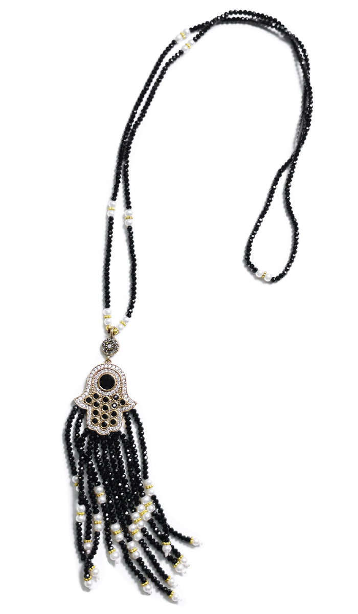  Turkish Artisan Small Jeweled Khamsa Tassel Necklace - Black 