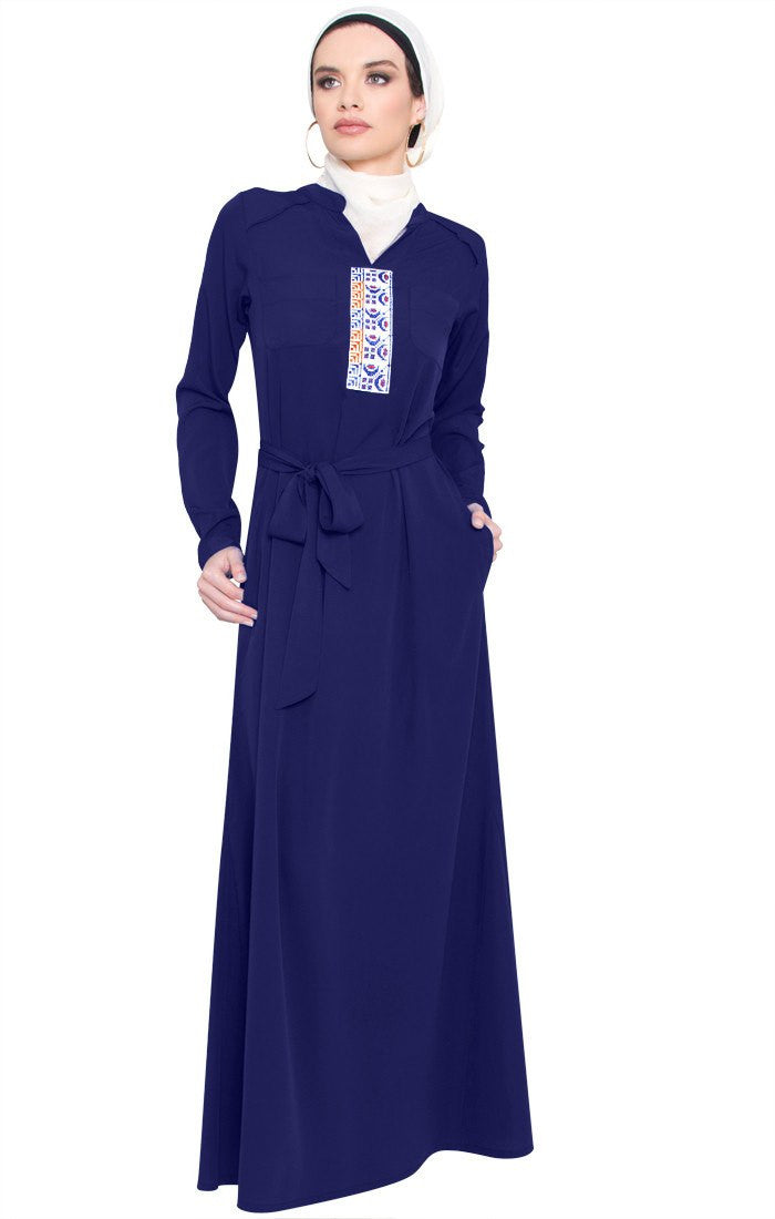  Adina Embroidered Long Maxi Dress Abaya - Navy - FINAL SALE 