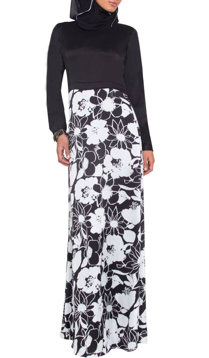  Talia Long Sleeve Modest Muslim Formal Evening Dress - Black and White - Final Sale 