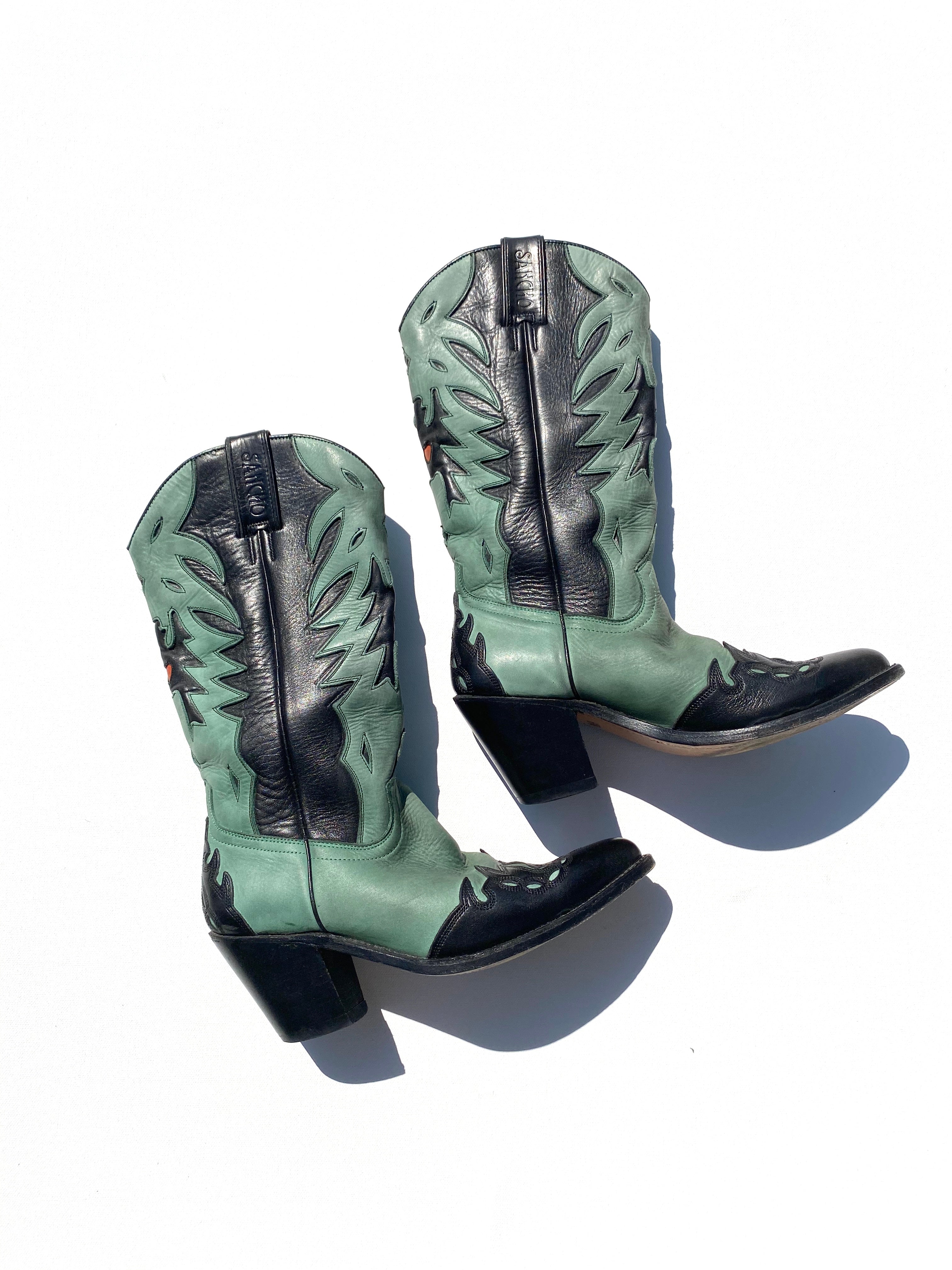 VINTAGE: Western Boots - Green & Black