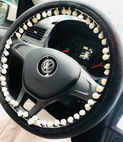 Black Steering wheel cover with white small bubble pendants