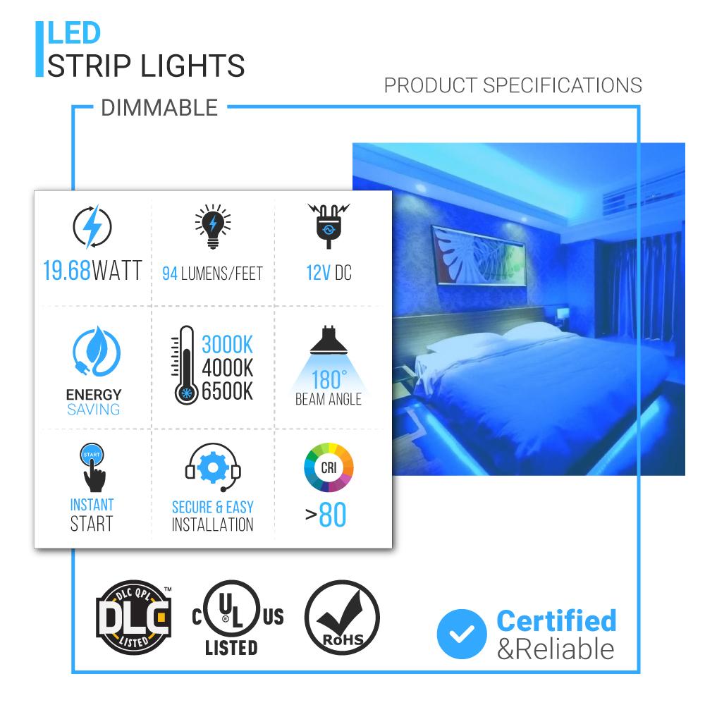 Outdoor LED Strip Lights Waterproof, IP65, 16.4ft Dimmable, 12V,  SMD 3528, UL, RoHS Listed, LED Lights for Bedroom, Kitchen, Home Decoration
