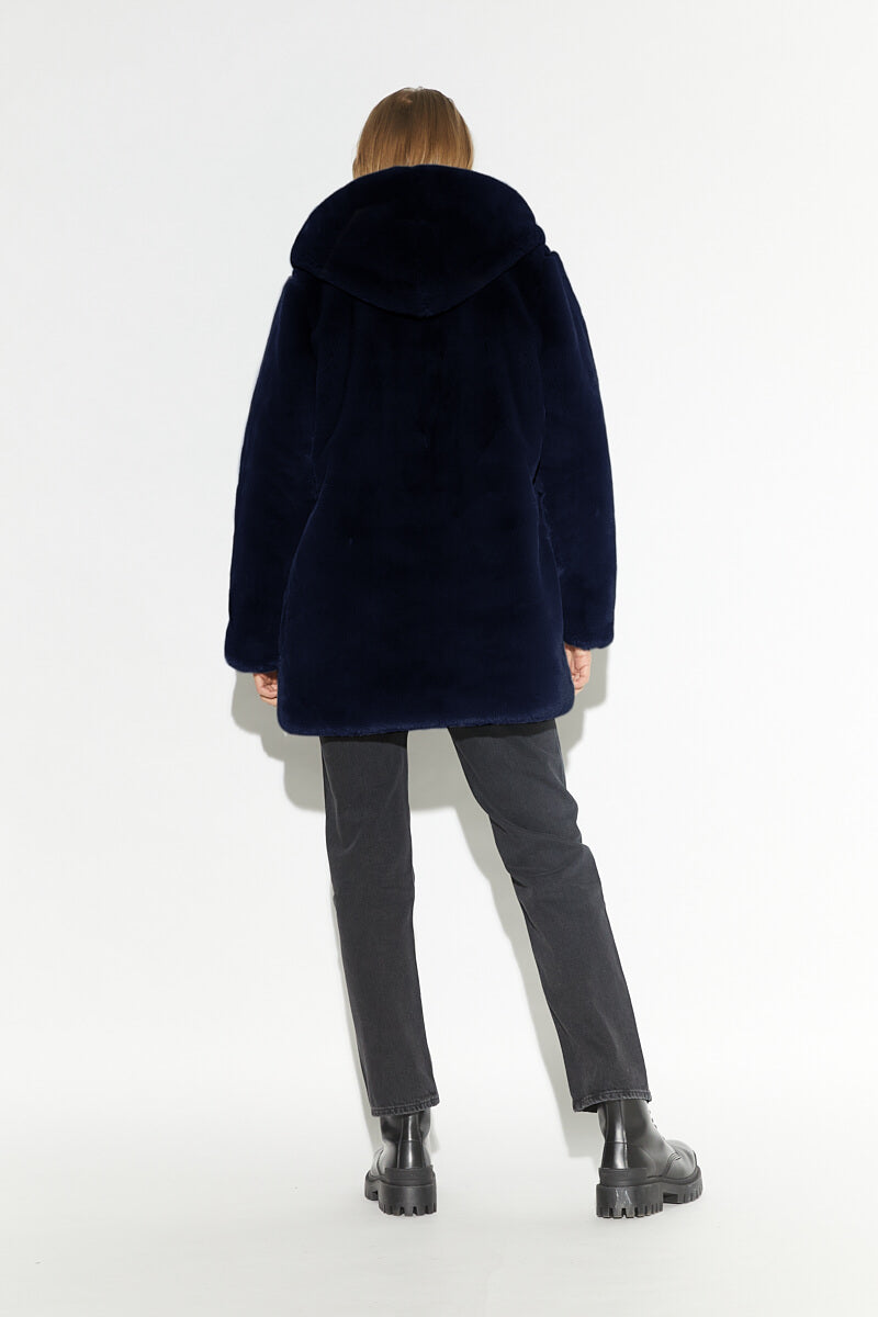 maria navy blue | hooded medium length faux fur coat – apparis