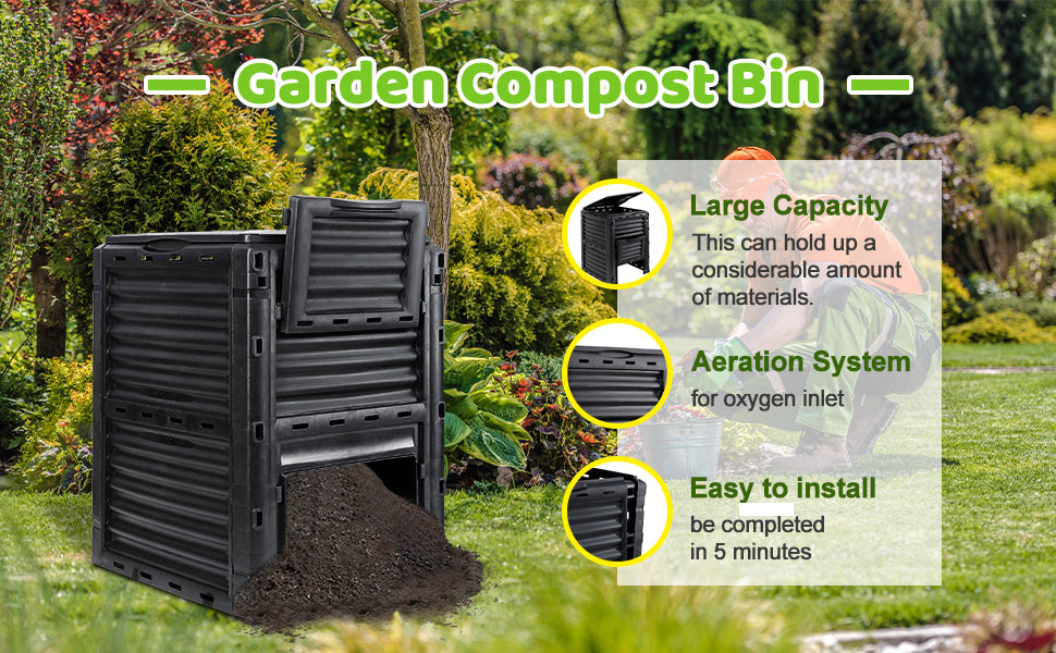 Black PP 80 gal. (300L) Large Garden Outdoor Compost Bin Composter