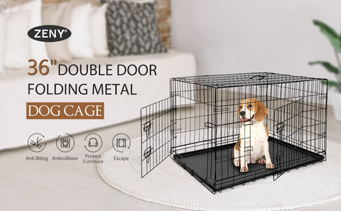 ZENY 36 inch Dog Crate Double Door Folding Metal Dog or Pet Crate Kennel with Tray and Handle 