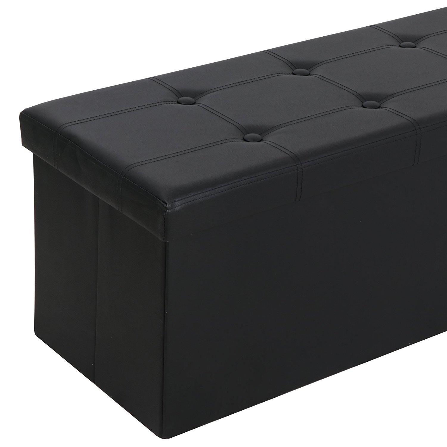 ZENY? 43in Long Faux Leather Large Folding Ottoman Storage Bench Foot Rest Stool Seat (Black)