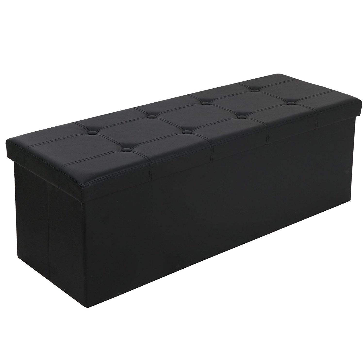 ZENY? 43in Long Faux Leather Large Folding Ottoman Storage Bench Foot Rest Stool Seat (Black)