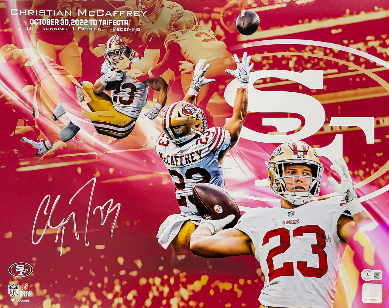 Christian McCaffrey Autographed 16x20 49ers Trifecta Collage Beckett BAS Witness