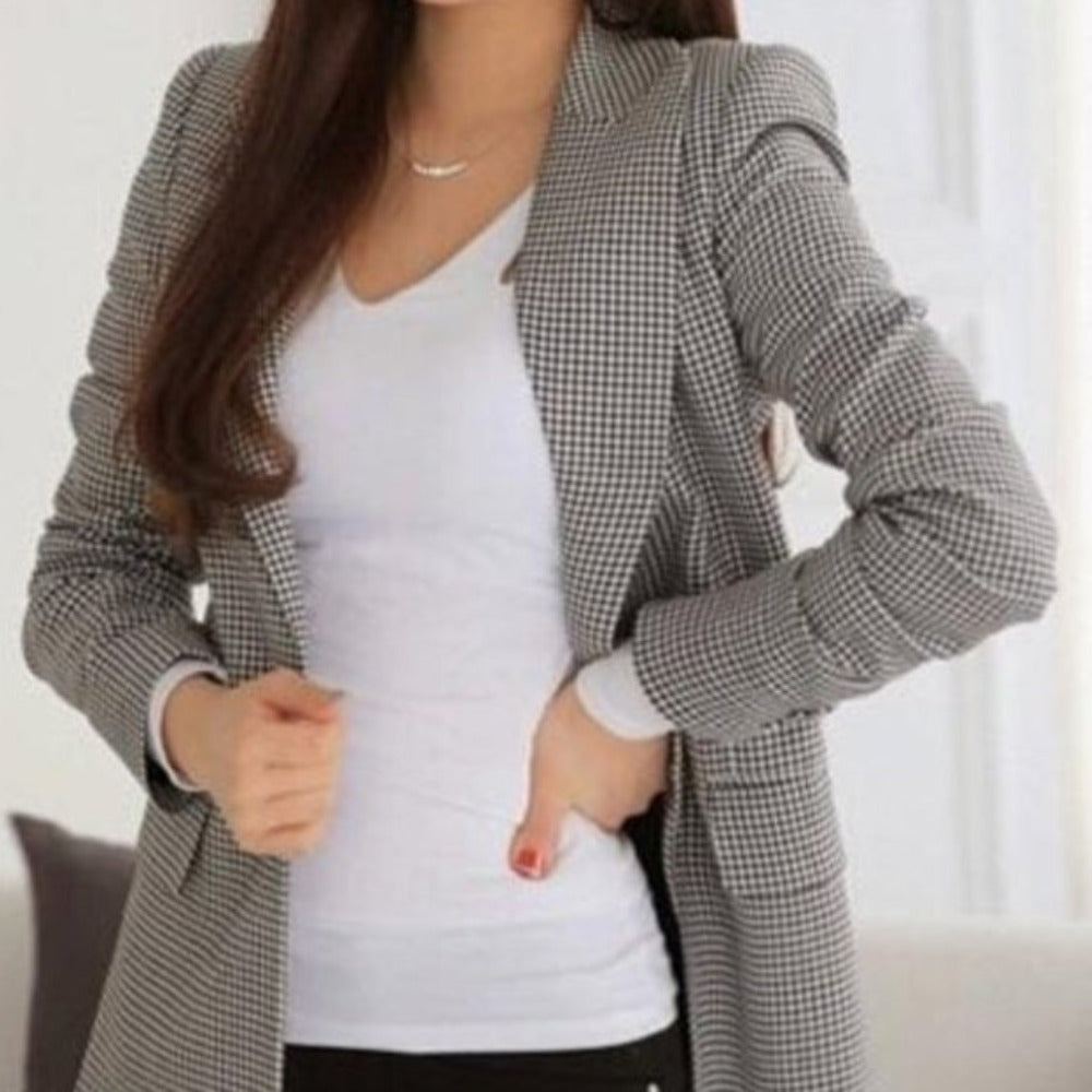 Womens Single Button Checkered Blazer