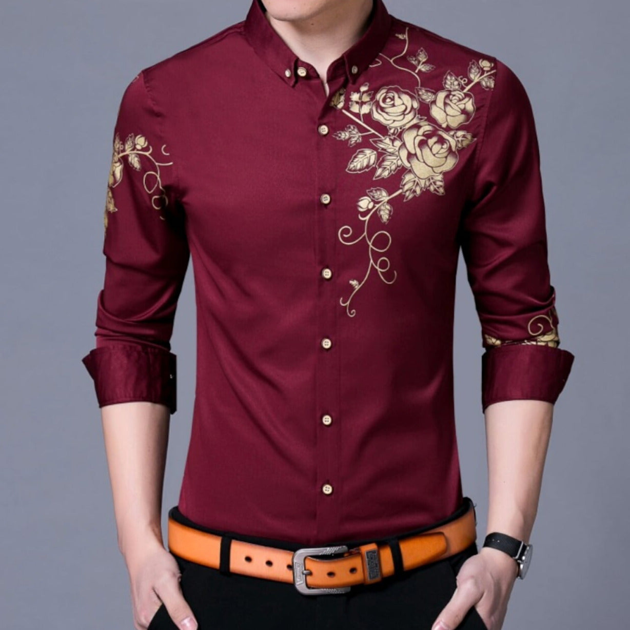 Mens Shirt With Floral Design on Front and Sleeve