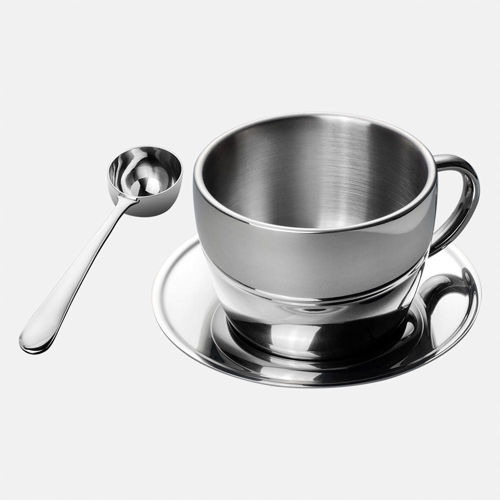 Polished Double Wall Latte Cup & Saucer (12oz) + Coffee Measuring Spoon (10.3cm)