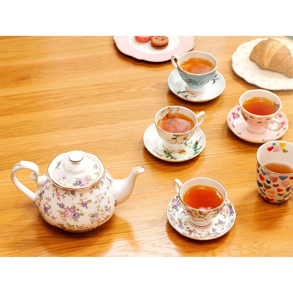 Fine Bone China Tea Cup with Floral Tea Pot Set of 9