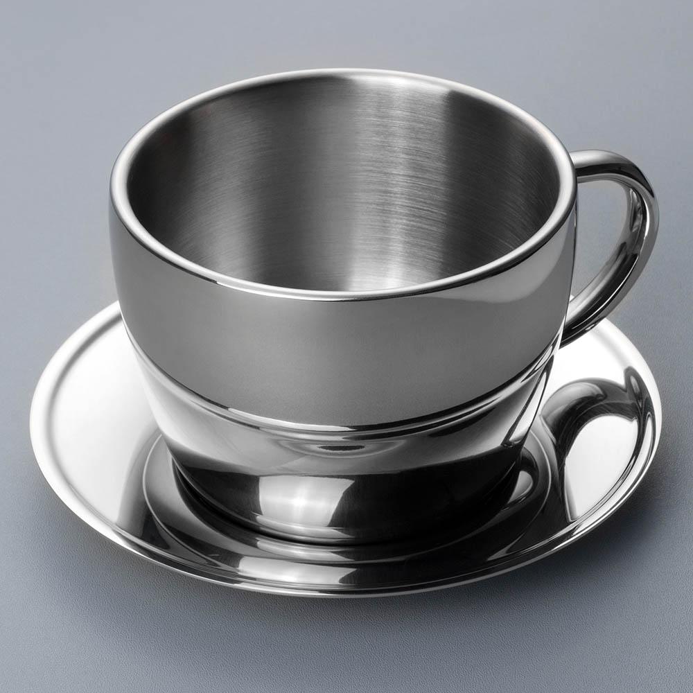 Polished Double Wall Latte Cup & Saucer (12oz) + Coffee Measuring Spoon (14cm)