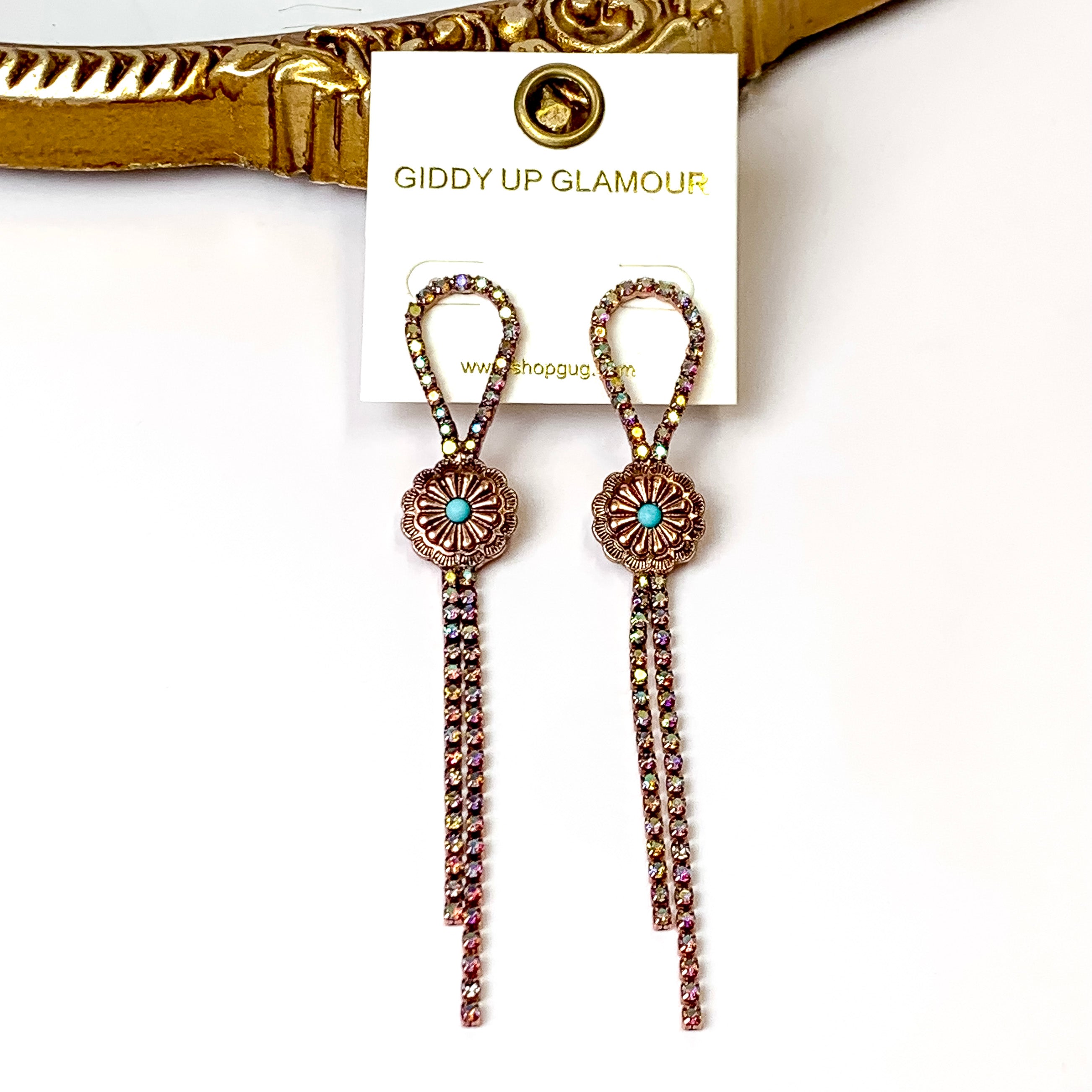 AB Crystal Bolo Tie Tassel Earrings with Circle Concho in Copper Tone