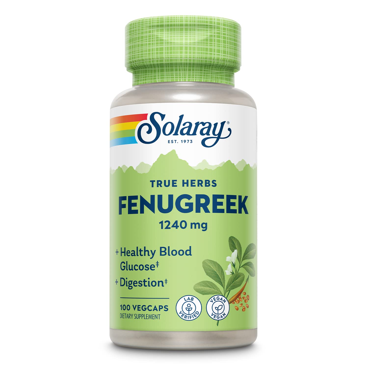 SOLARAY Fenugreek Seed 1240 mg, Healthy Digestion Support and More, Vegan and Lab Verified for Quality, 50 Servings, 100 VegCaps