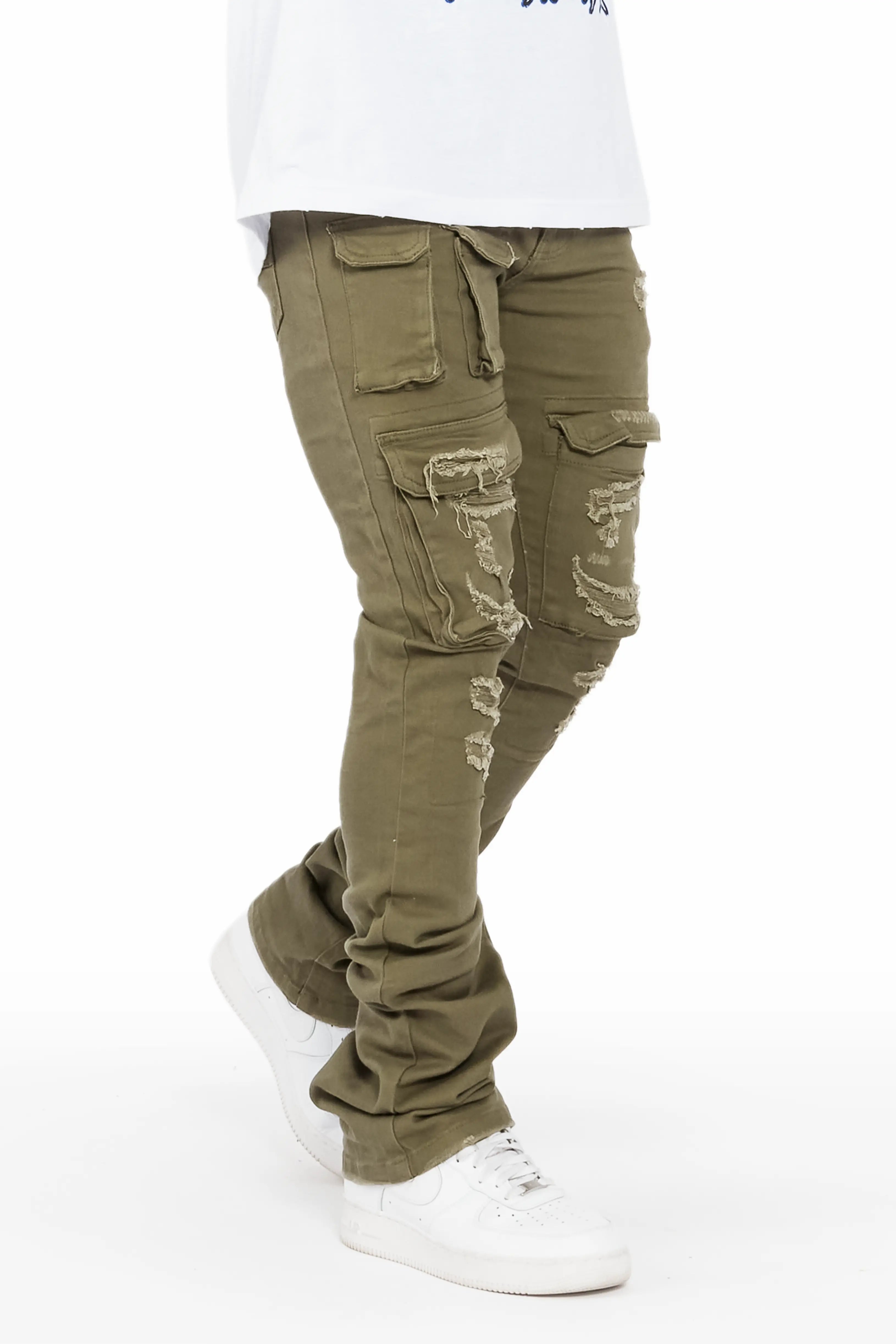 Vance Olive Stacked Flare Cargo Jean