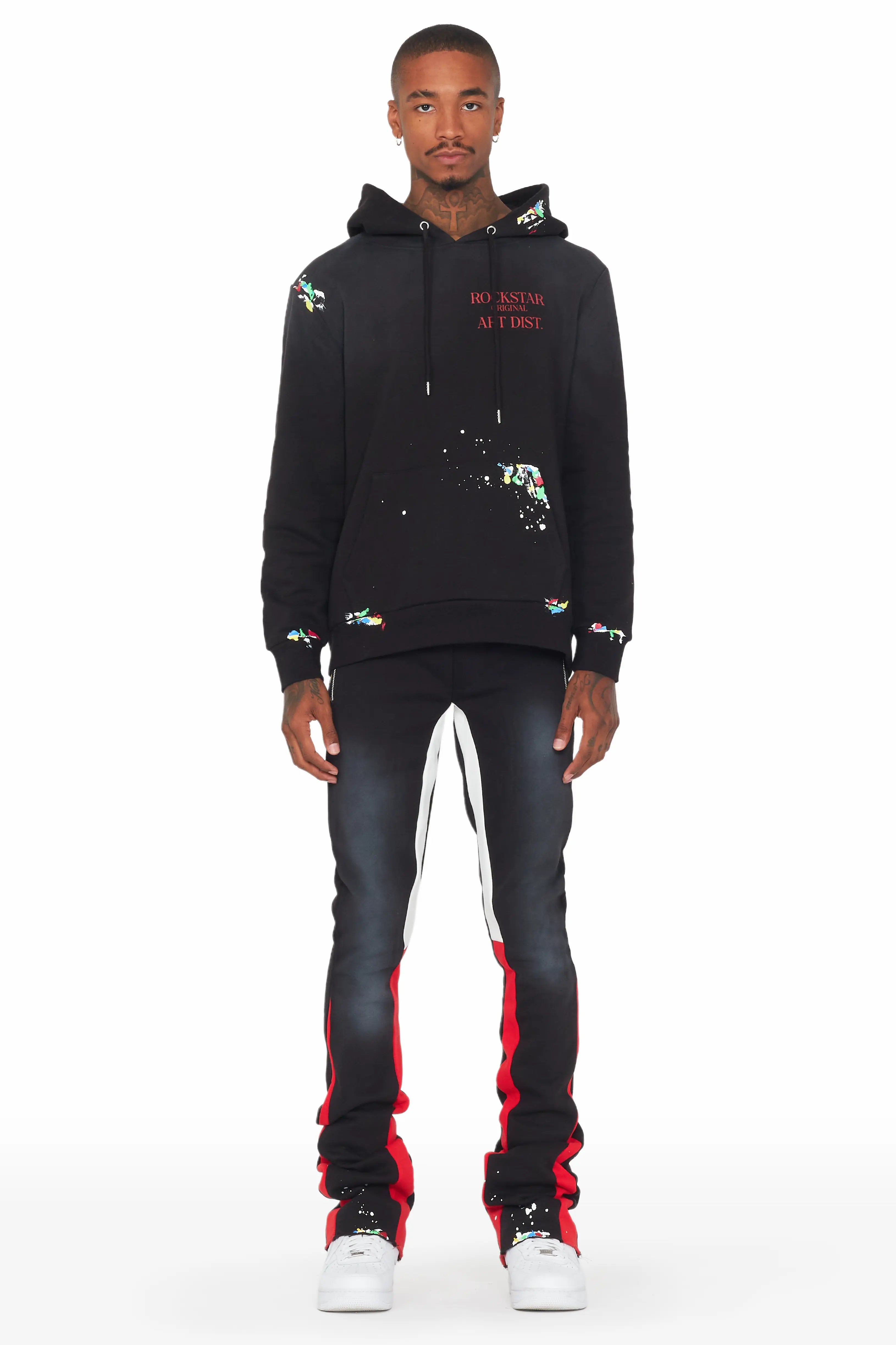 Rockstar Art Dist. Black/Red Hoodie/Stacked Flare Pant Set