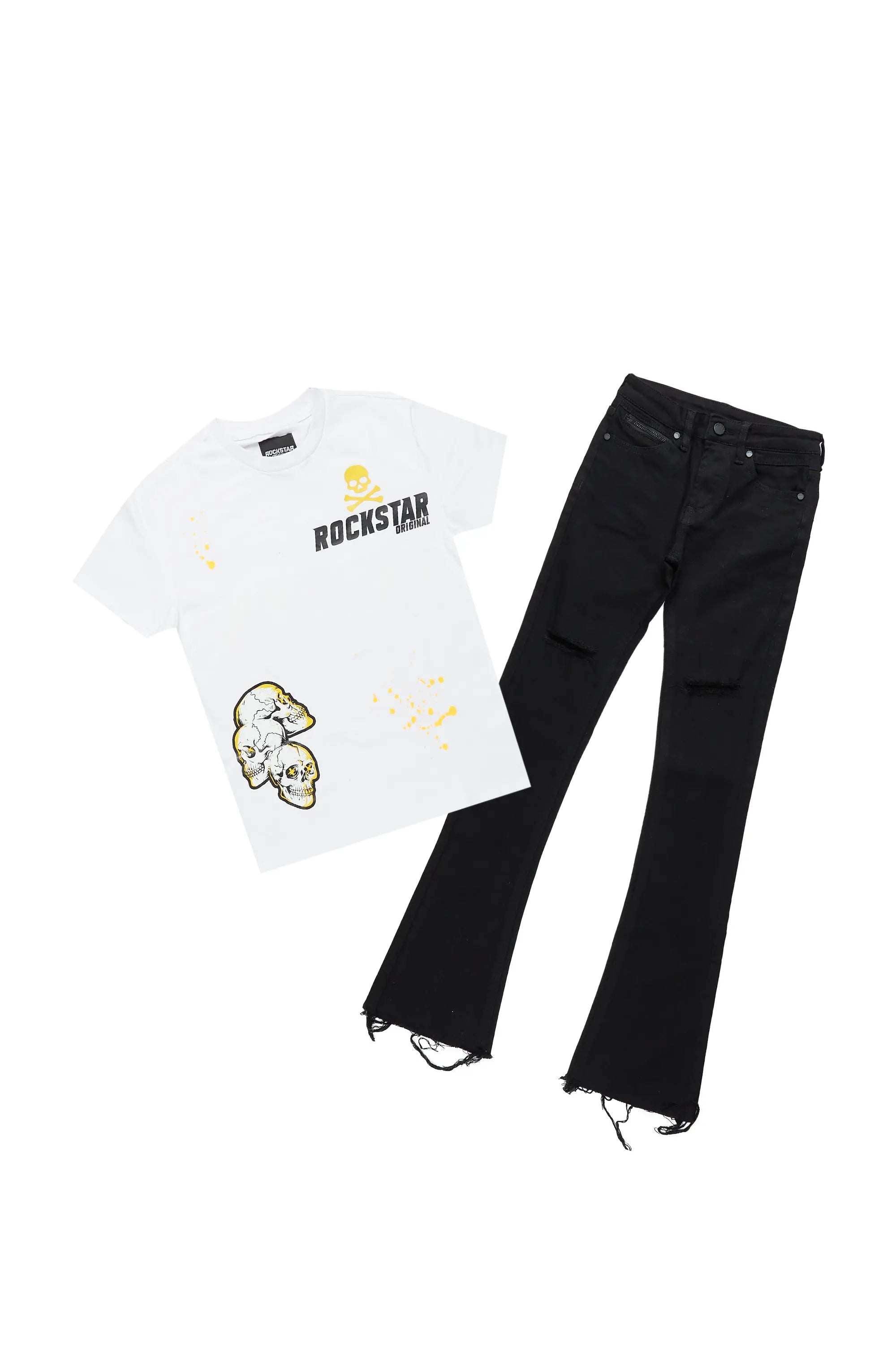 Boys Fawzi White/Black T-Shirt/Super Stacked Flare Jean Set