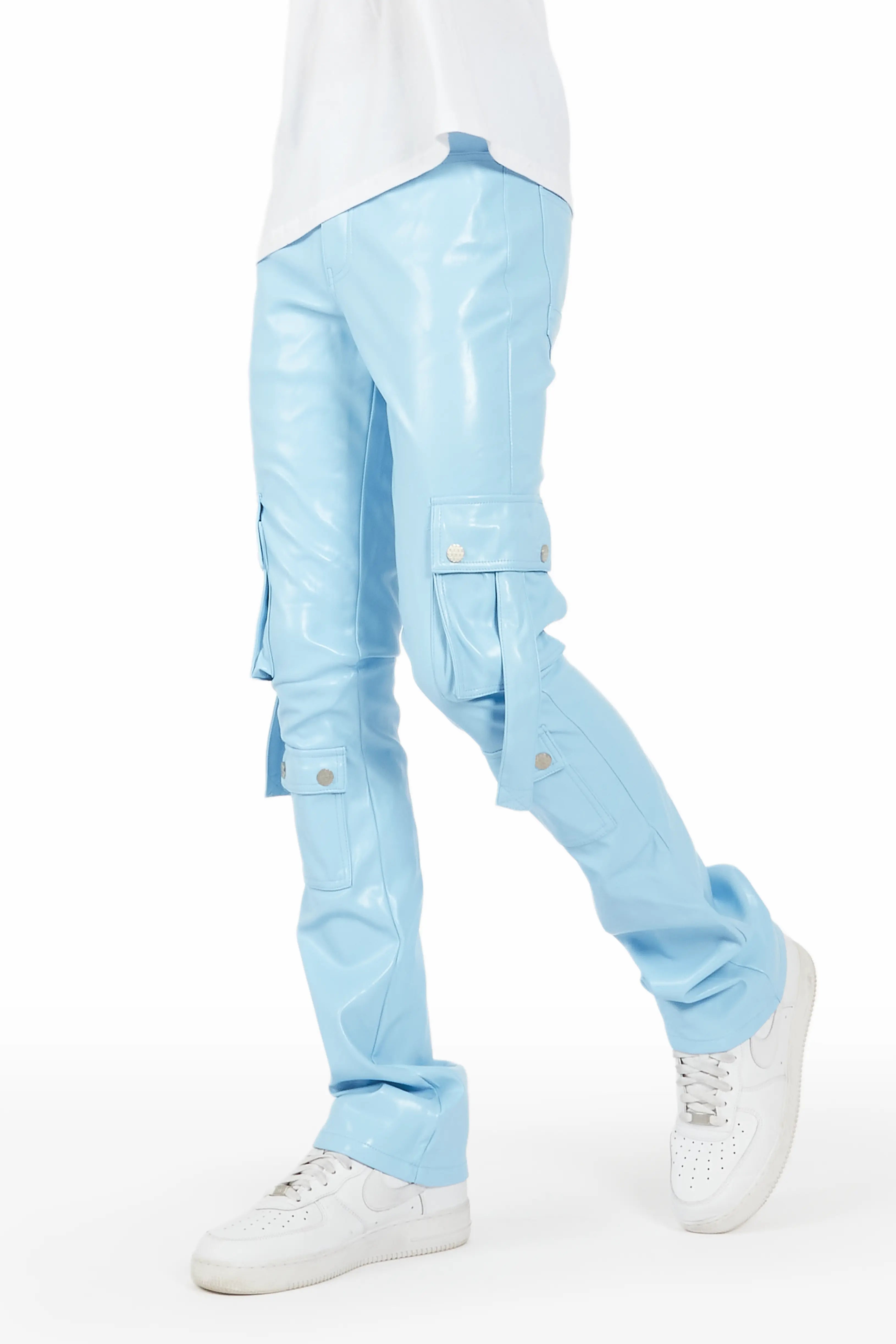 Errol Baby Blue Faux Leather Stacked Cargo Jean