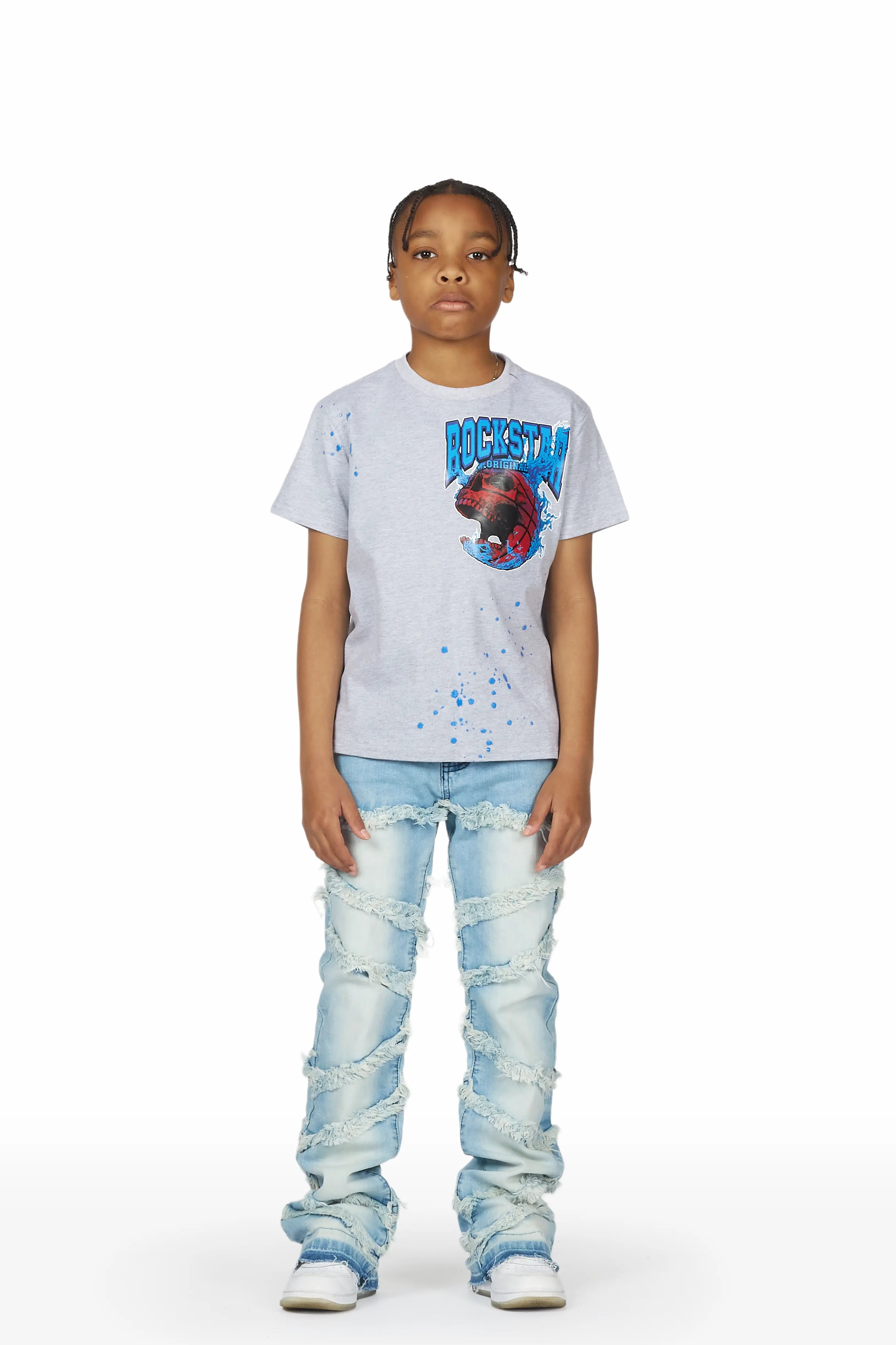 Boys Jabari Grey/Blue T-Shirt/Stacked Flare Jean Set