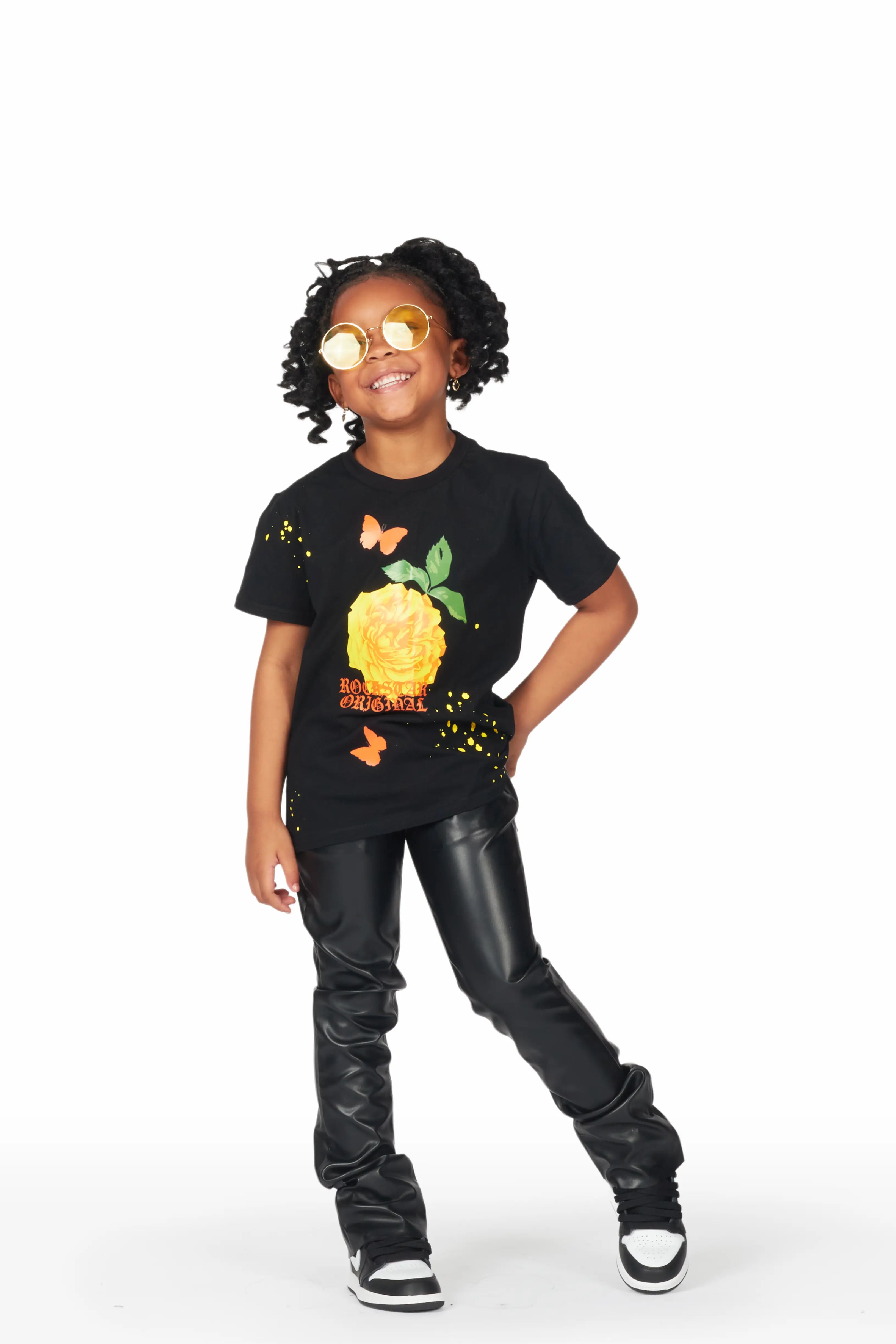 Girls Galia Black T-Shirt/Super Stacked Flare PU Jean Set