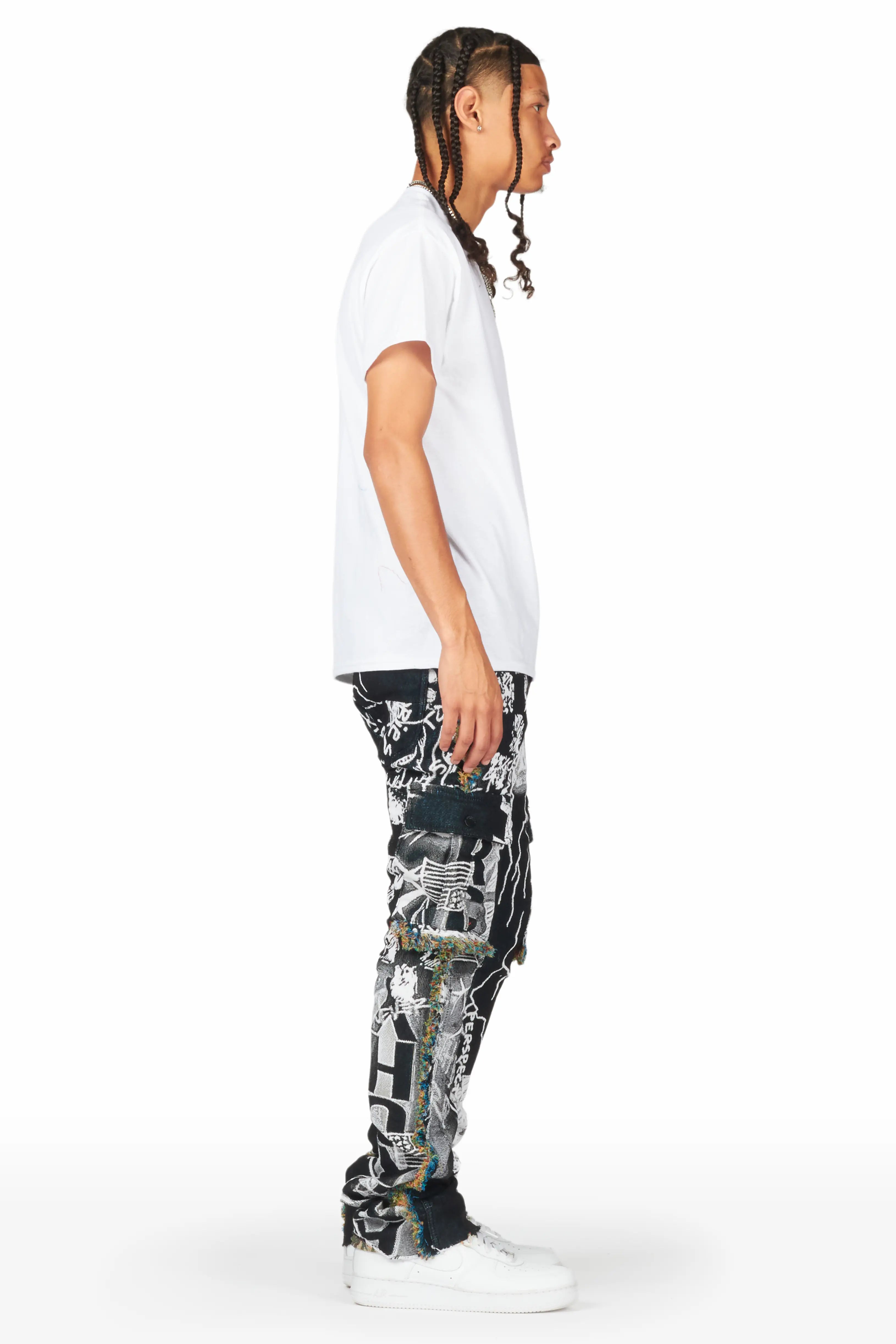 Zane Black/White Tapestry Stacked Flare Jean