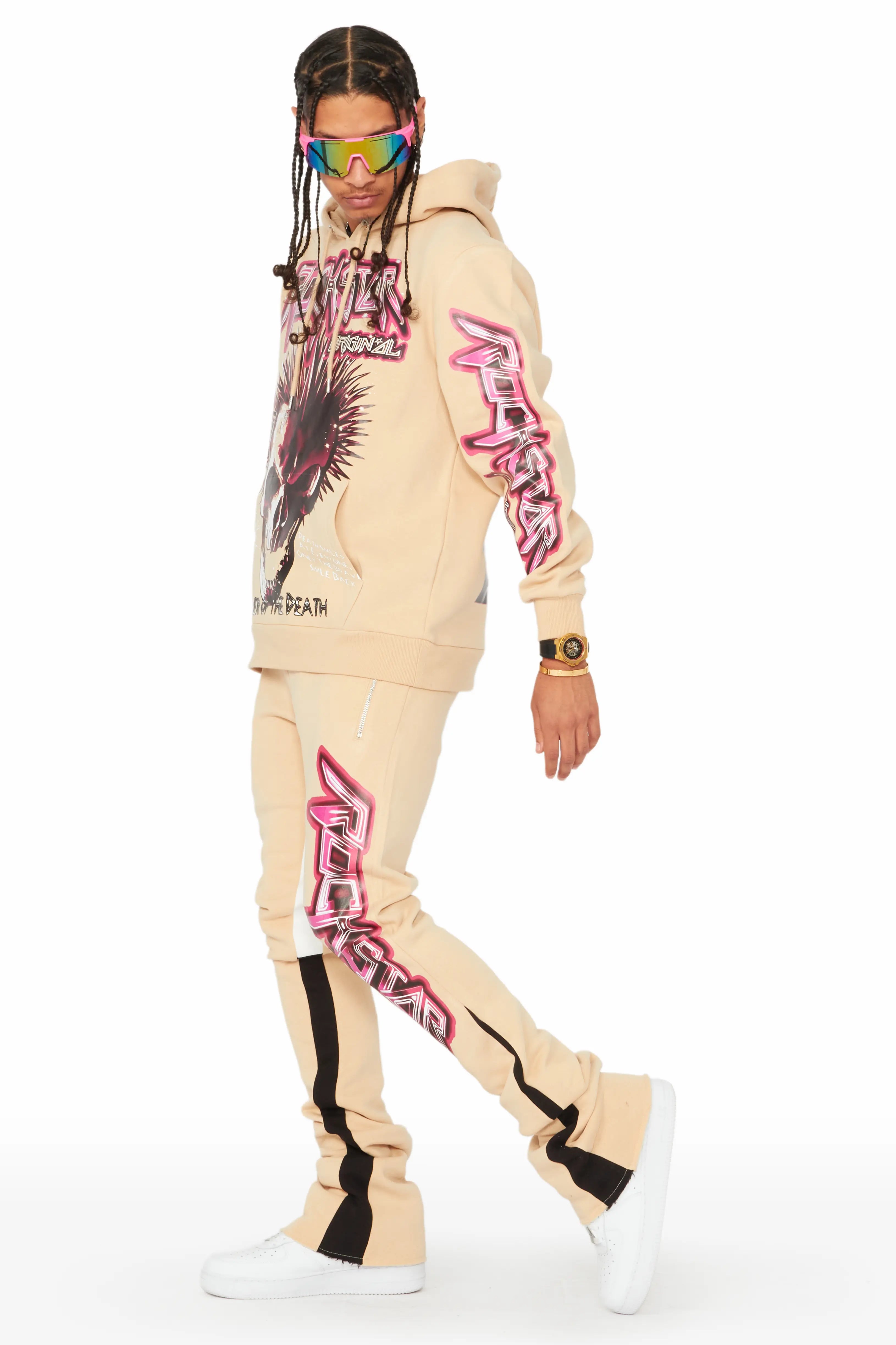 Obern Beige/Black Graphic Hoodie/Stacked Flare Pant Track Set