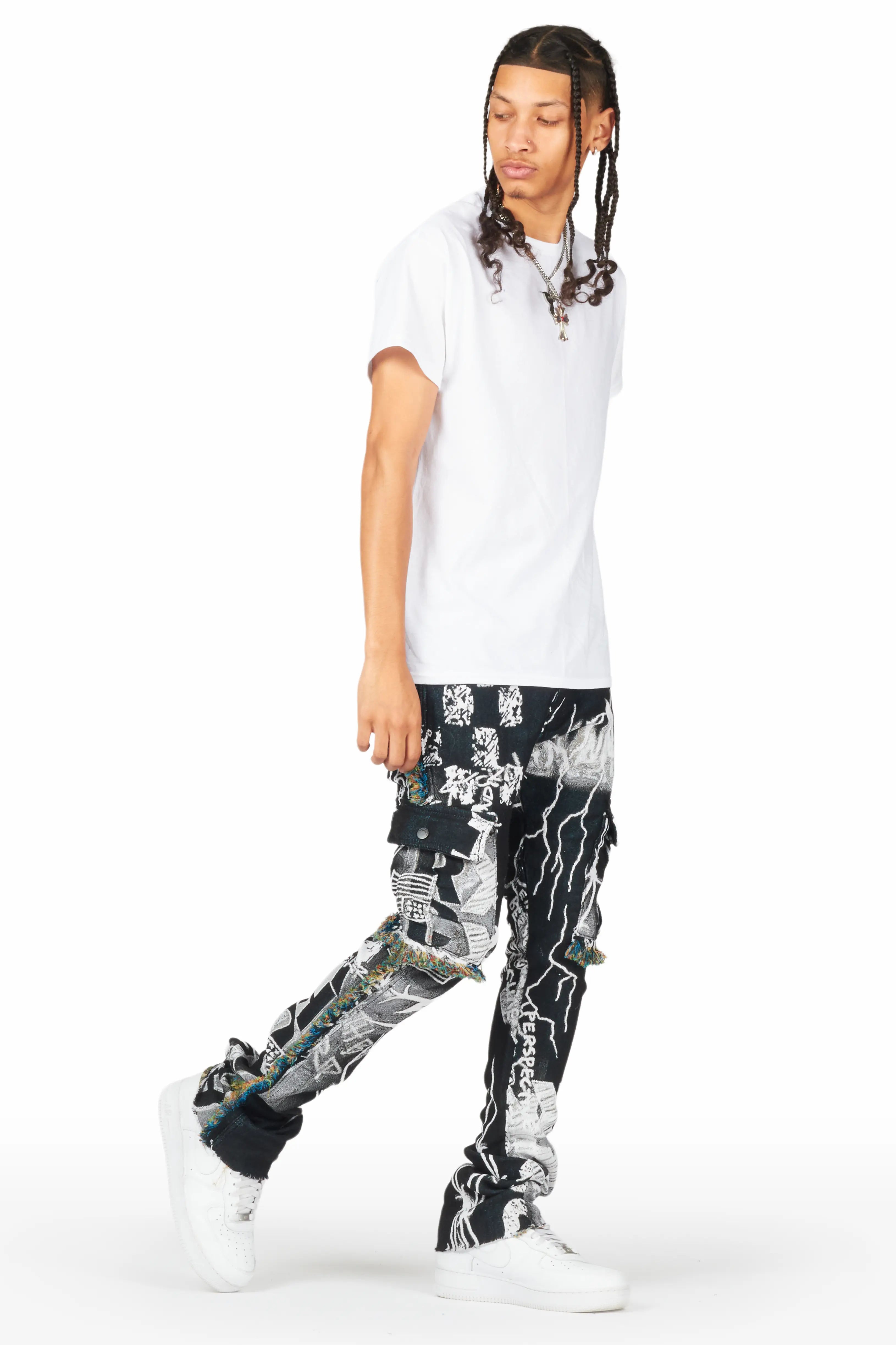 Zane Black/White Tapestry Stacked Flare Jean