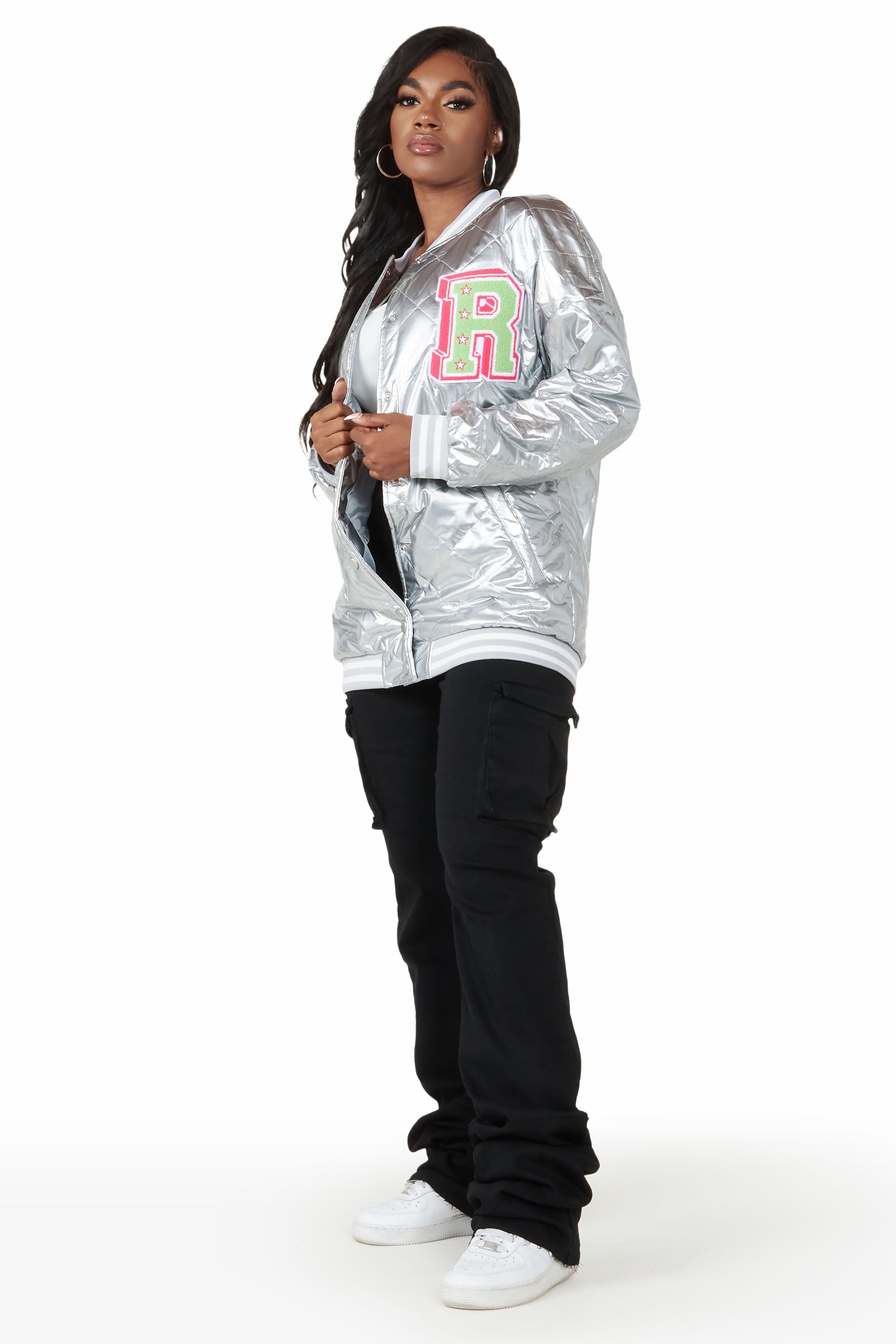 Eliana Silver Oversized Varsity Jacket