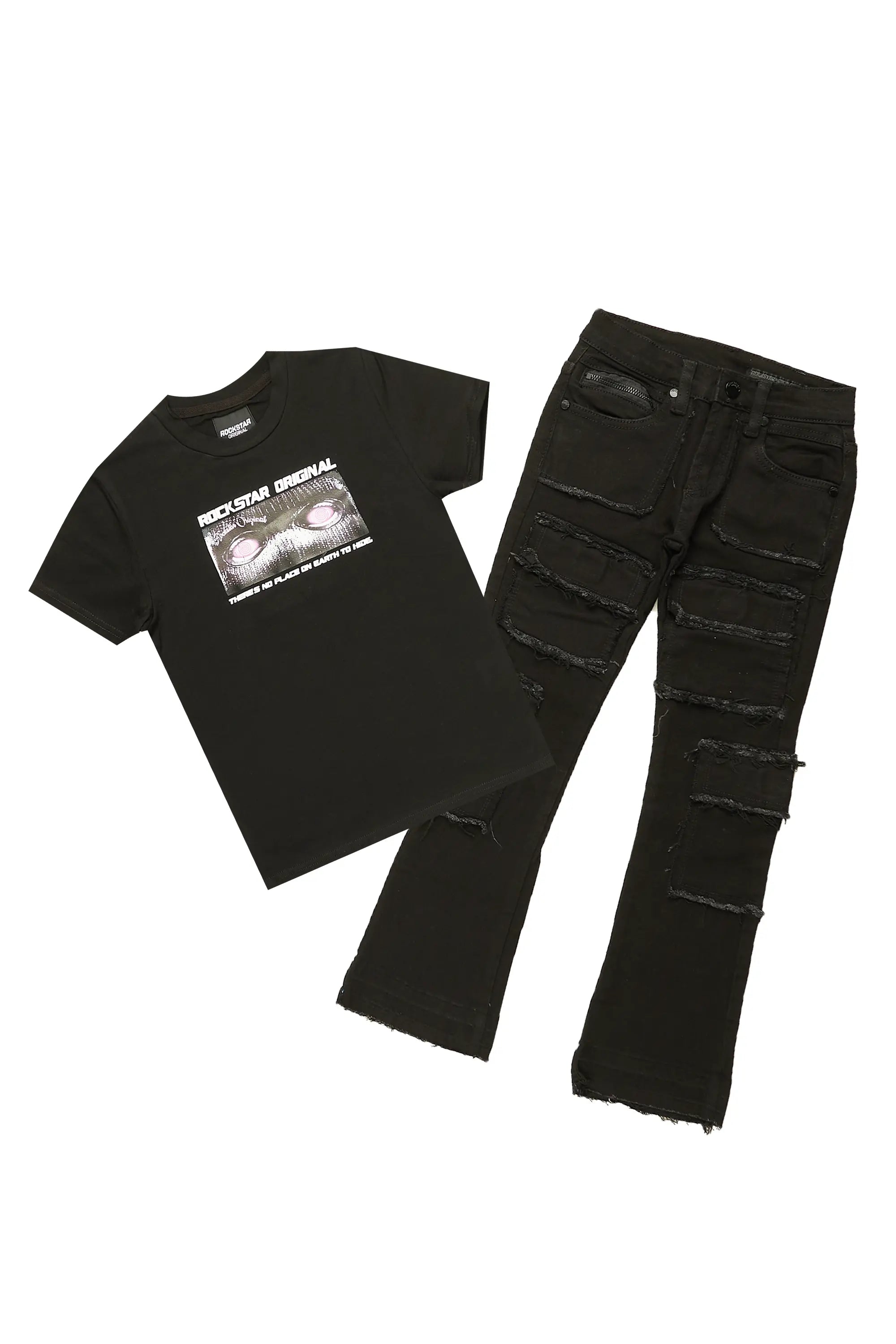Boys Stanley Black T-Shirt/Stacked Flare Jean Set