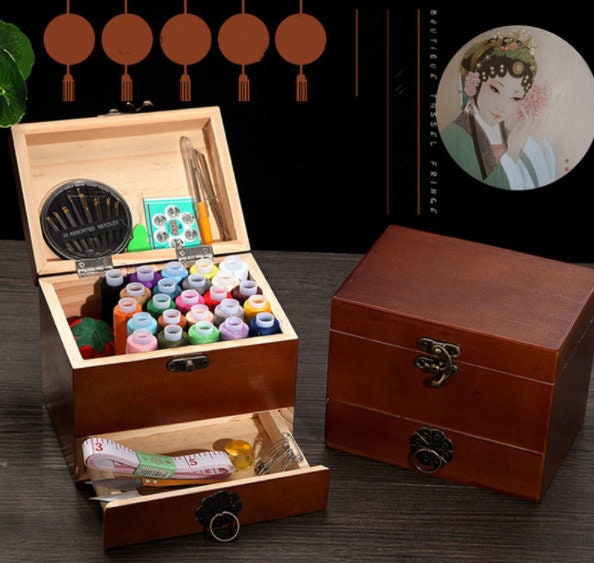 Wooden Sewing Box - Sewing Kit for Adults - Sewing Basket - Hand Sewing Box - Sewing Organizer Supplies Accessories Gift - Sewing Case