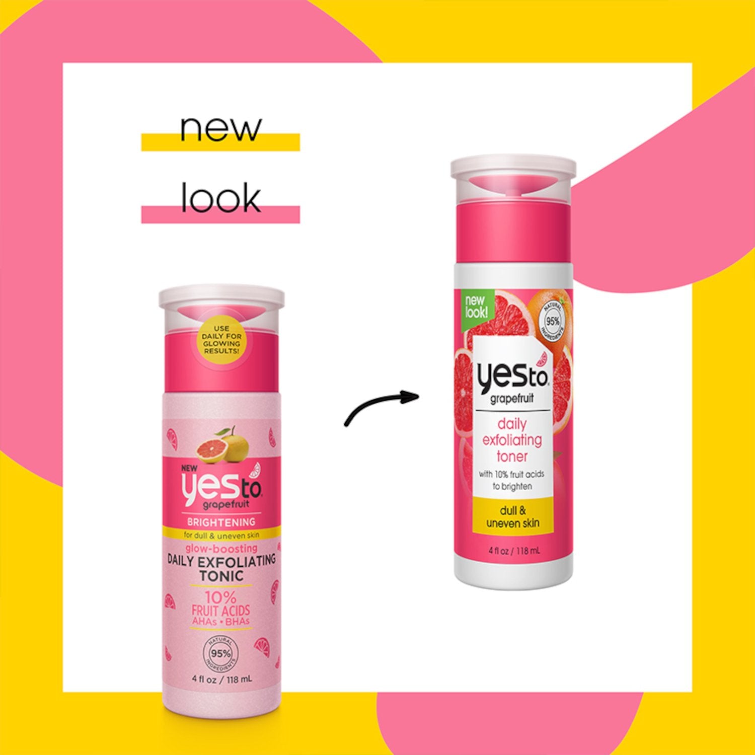 (2 Pack) Yes To Grapefruit Daily Exfoliating Toner Liquid for Dull and Uneven the Skin, 4 fl oz