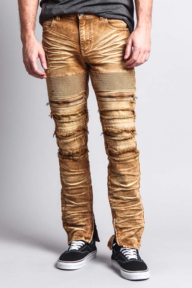 Distressed Acid Washed Biker Slim Jeans