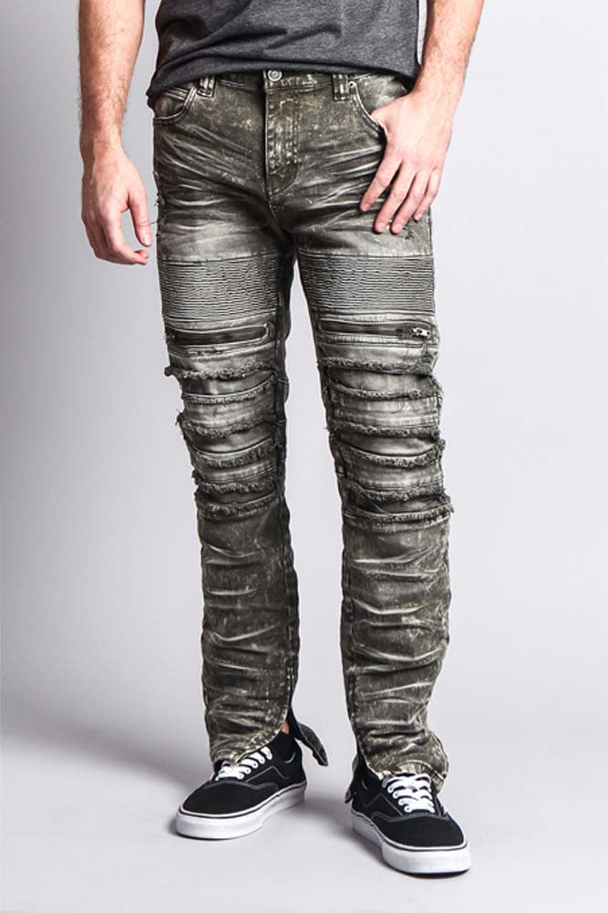 Distressed Acid Washed Biker Slim Jeans