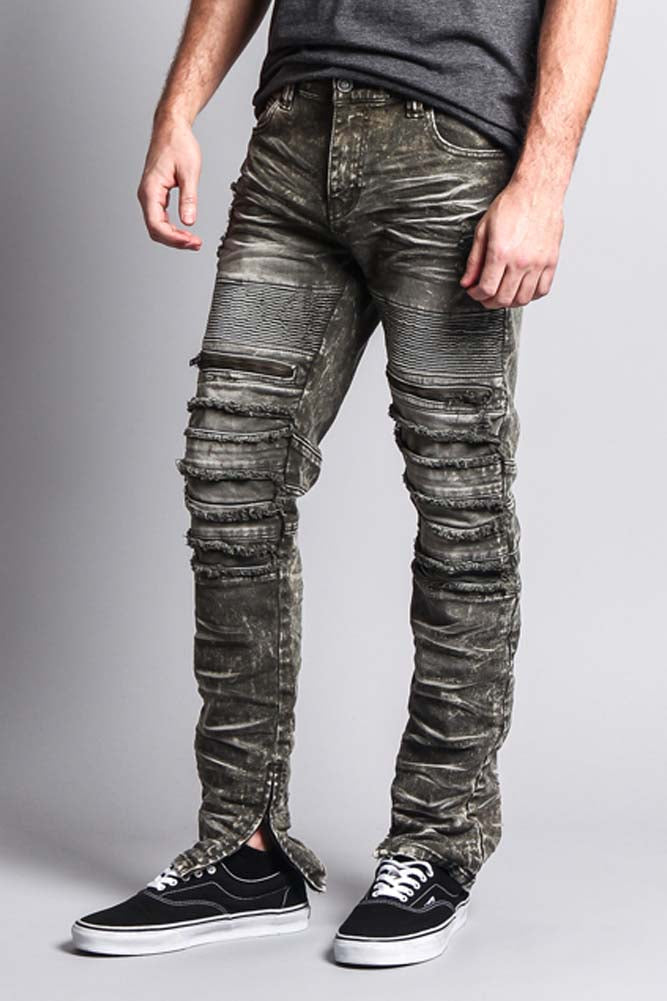 Distressed Acid Washed Biker Slim Jeans