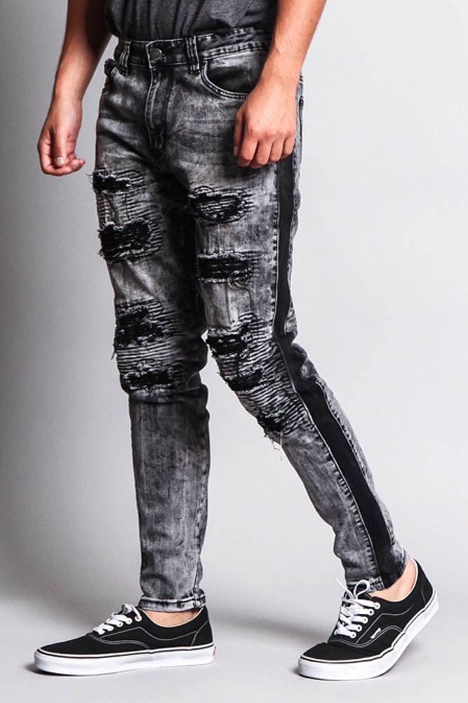 Destroyed Rip Illusion Moto Biker Jeans