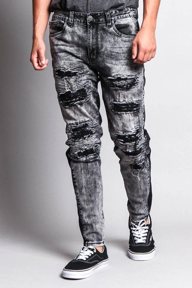 Destroyed Rip Illusion Moto Biker Jeans