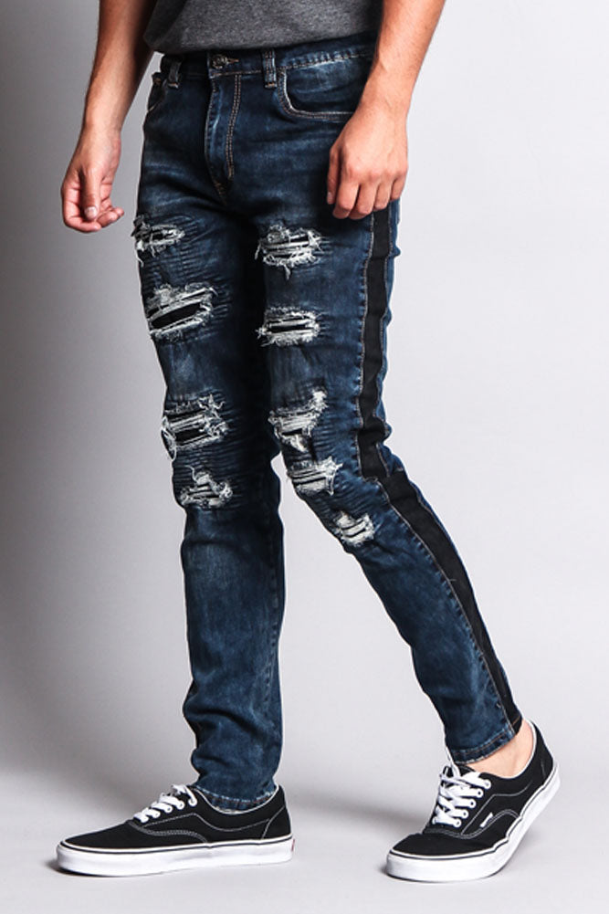 Destroyed Rip Illusion Moto Biker Jeans