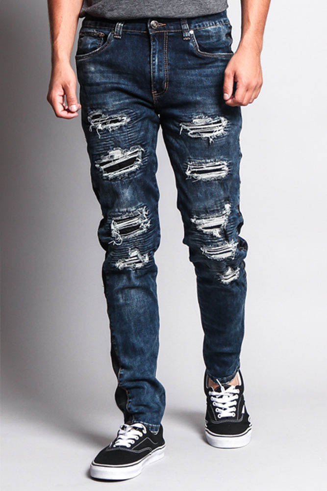 Destroyed Rip Illusion Moto Biker Jeans