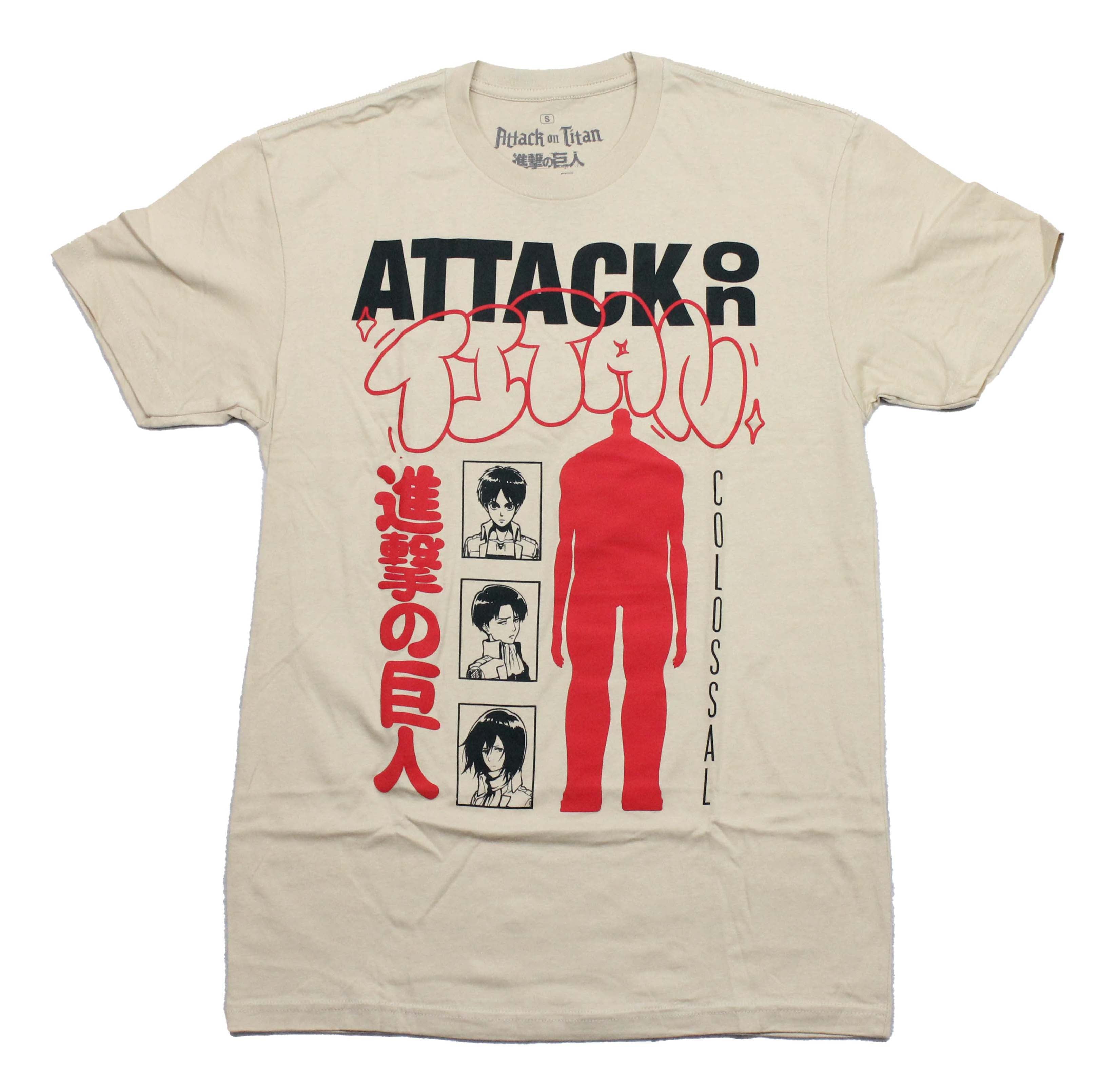 Attack on Titan Mens T-Shirt -Colossal Standing Next to 3 Panel Box Kanji