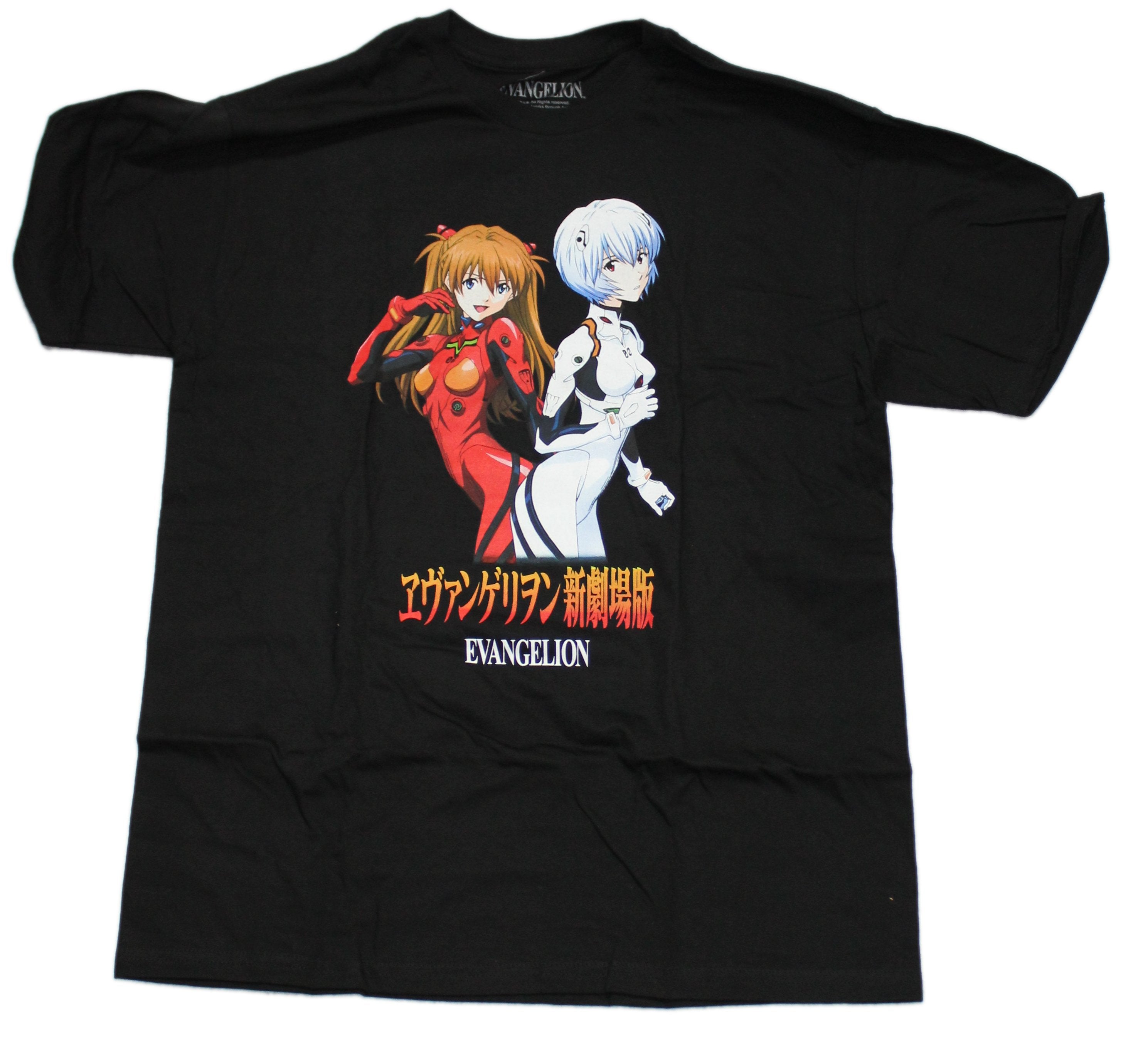 Evangelion Mens T-Shirt - Asuka and Rei Over Kanji